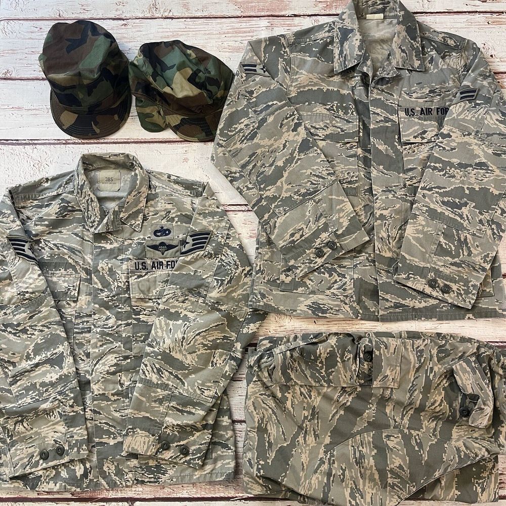 US Air Force Camouflage Mens Jacket Coat Size 38S & Pants 36R x2 Hats Lot of 5